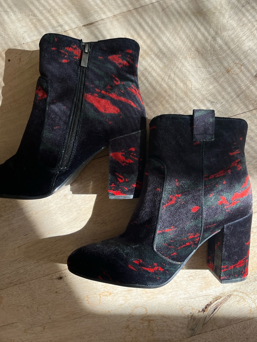 Italian Bruno Premi for Anthropologie; printed velvet ankle booties.